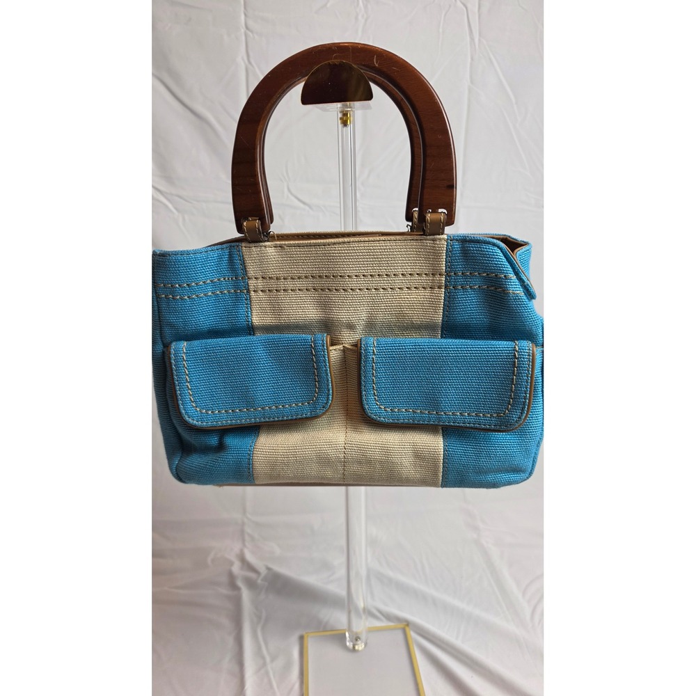 Relic Vintage Y2K Blue Cream Canvas Satchel Bag Wood Handles Coastal Boho Retro